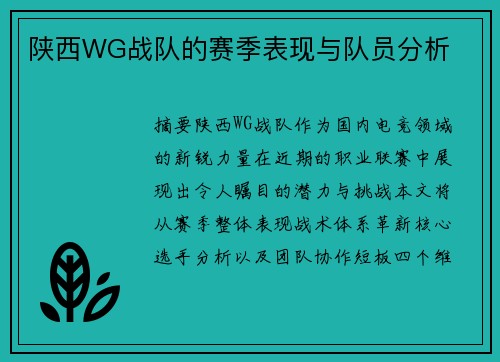 陕西WG战队的赛季表现与队员分析