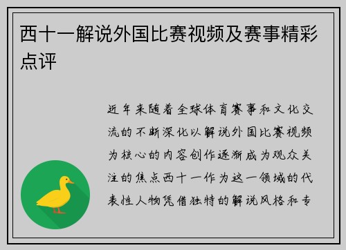 西十一解说外国比赛视频及赛事精彩点评