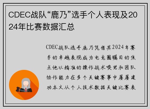 CDEC战队“鹿乃”选手个人表现及2024年比赛数据汇总